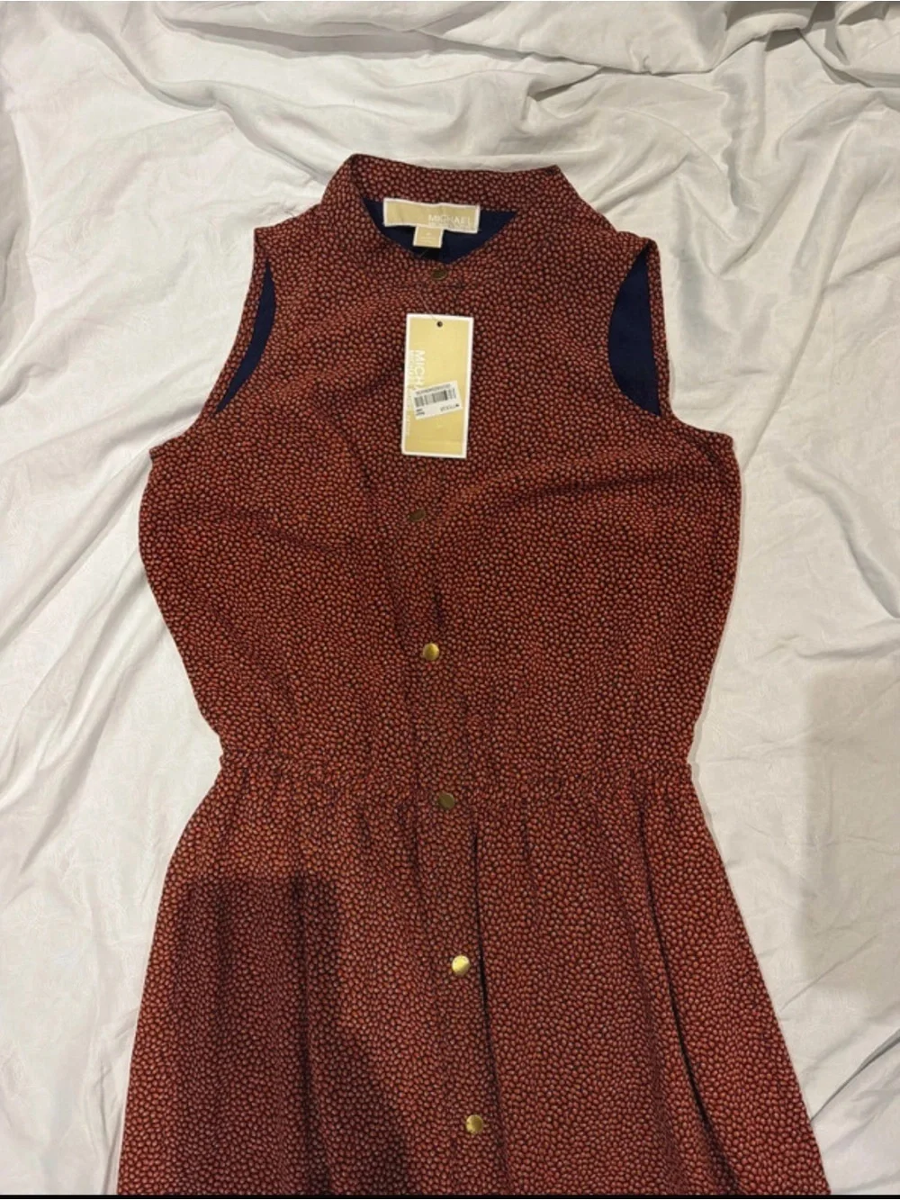 Michael Kors Textured Rust Orange Sleeveless Shell with Gold Buttons